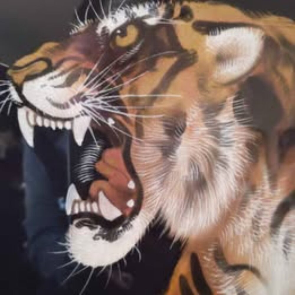 Vintage Japanese Tiger Painting On Silk Mid Century Modern Signed By Artist 17" - Picture 5 of 5